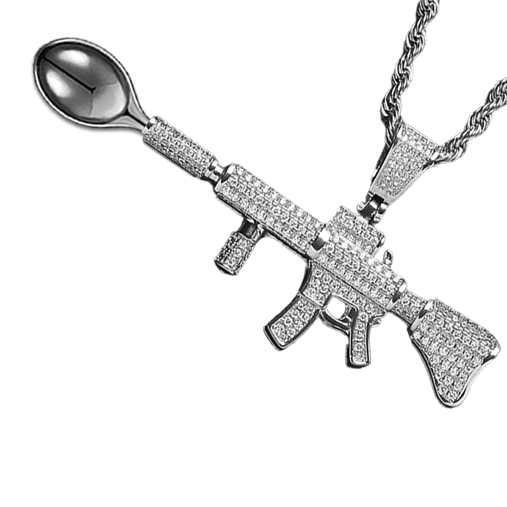 M4 Assault Rifle Punisher Premium Spoon Necklace Shiny Silver / Black