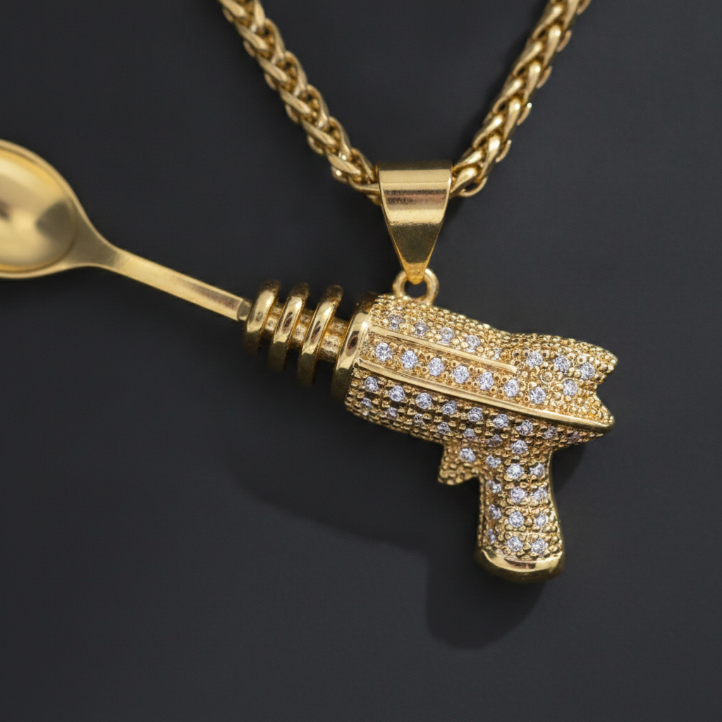Ray Gun Zircon Spoon Pendant - Closeup